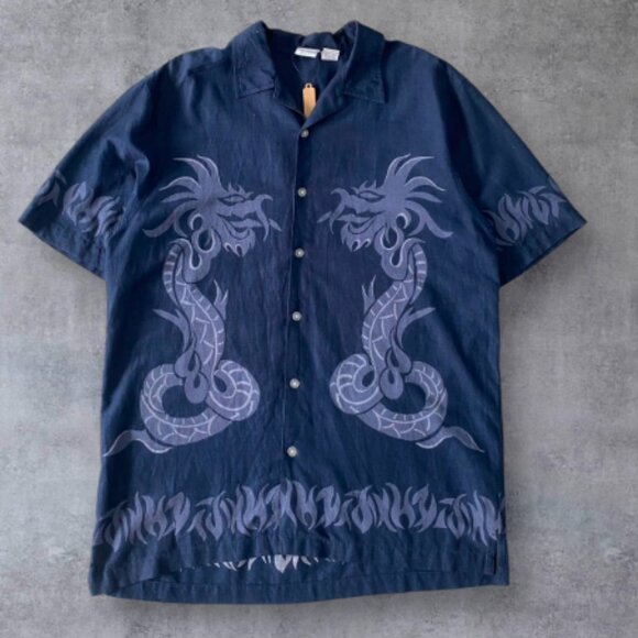 Tops - Navy Dragon Unisex Button Down Shirt